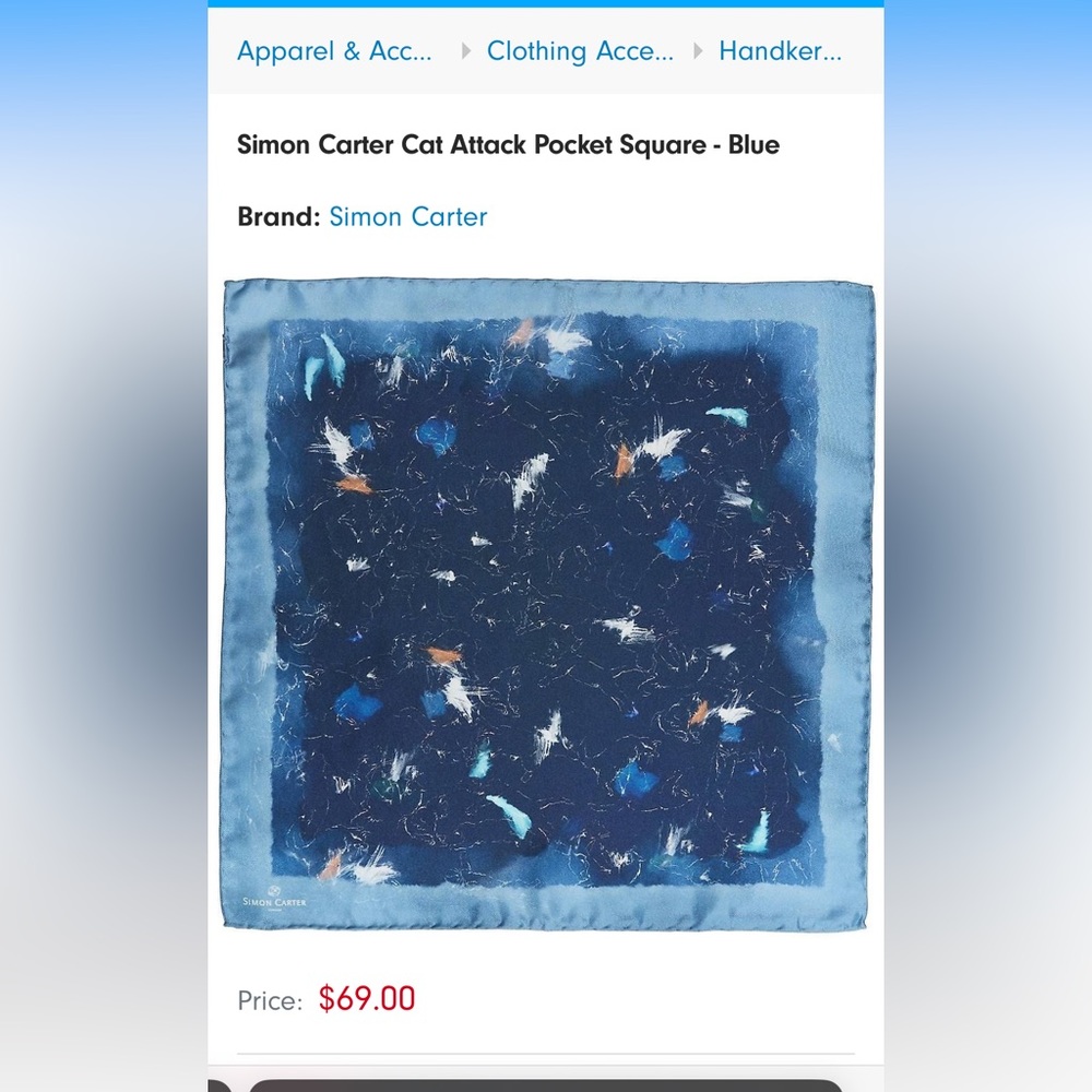 Simon Carter 100% silk Cat Attack pocket square